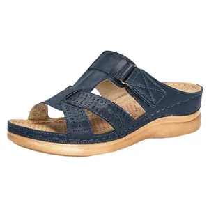 Comfortable navy blue wedge sandals for women with hollow-out crossover straps