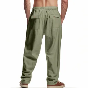 Rear view of men's green wide-leg linen pants featuring functional back pockets