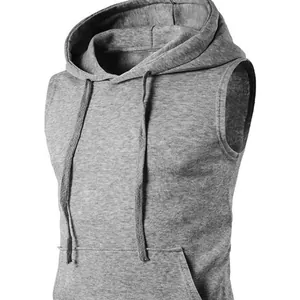 Sudadera deportiva gris sin mangas para hombre con capucha, cordón y bolsillo de canguro.