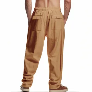 Rear view of men's wide-leg linen cargo pants in khaki featuring back buttoned pockets.