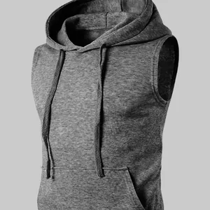 Camiseta de fitness sin mangas con capucha gris para hombre y bolsillo de canguro