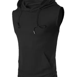 Sudadera sin mangas para hombre negra con capucha, cordón y bolsillo para gimnasio.