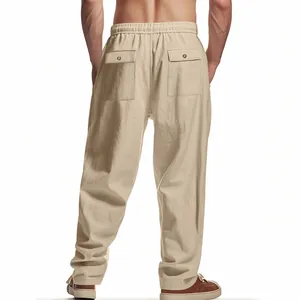 Back view of men's loose beige linen wide-leg straight trousers with rear pockets.