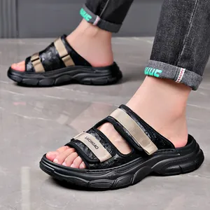 Stylish men's lightweight thick-sole beach sandals with black and beige adjustable straps