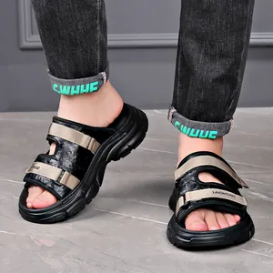 Stylish men's lightweight casual beach sandals with thick foam sole in black and khaki colors
