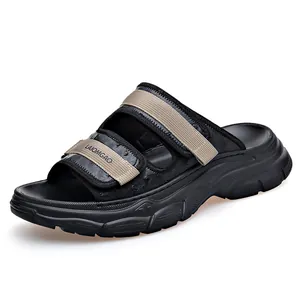 Mens stylish casual thick sole sandals with dual tan adjustable velcro straps for beach