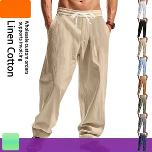 Men's Linen Blend Casual Pants American Minimalist Wide Leg Straight Work Trousers With Drawstring Elastic Waist