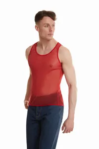 Canotta uomo in rete trasparente rossa lucida, gilet fitness aderente stile hip-hop