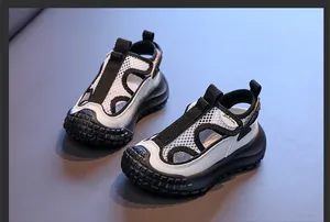 Detailed view of kids mesh breathable sports sandals with closed-toe hollow-out design