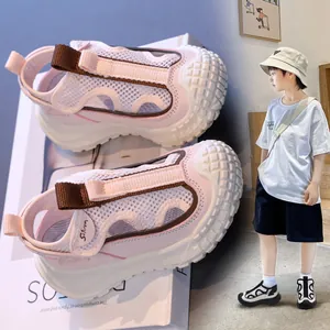 Pink and white kids mesh breathable sports sandals with closed-toe design for summer
