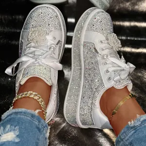 Damen Luxus Sternenstrass Plateauschuhe PU Leder Glänzende Künstliche Perle Dekorative Dicke Sohle Satinband Schnürung Mode Freizeitschuhe