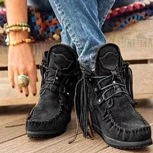 Schwarze Western-Stiefeletten aus Wildleder mit Fransen und Schnürung