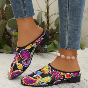 Damen Ethno Stickerei Netzgewebe Mules Spitz Zulaufend Flache Plateauschuhe Slipper Lässig Atmungsaktiv Boho Sommer Loafer