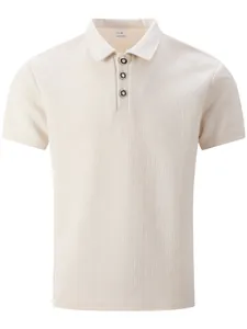 Men's textured jacquard polo shirt in off-white with three-button lapel collar design