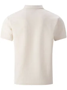 Back view of a men's short-sleeved textured jacquard polo shirt in off-white.