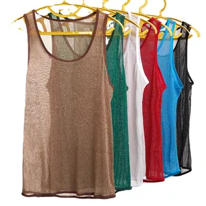 Canotta da uomo in mesh glitterata trasparente per stile hip hop e fitness atletico