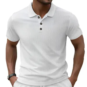 Men's white jacquard short sleeve polo shirt with textured pattern and classic lapel collar