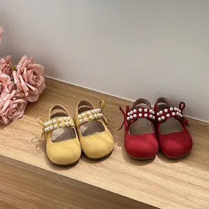 Toddler girls pearl bow Mary Jane shoes, soft-sole baby walking sandals in yellow and red