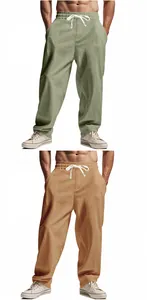 Men's loose breathable linen wide-leg casual trousers in sage green and camel tan colors