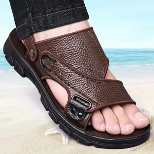 Sandales Décontractées en Cuir de Vachette de Première Couche pour Hommes Respirantes Semelle Souple Pantoufles à Double Usage Chaussures de Plage