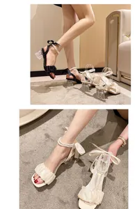 Detailed view of elegant square toe sandals with pearl ankle straps and clear chunky heels