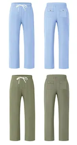 Front and back views of men's loose linen casual pants in light blue and olive green