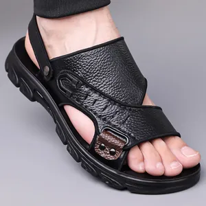 Sandales d'été pour hommes en cuir de vachette respirant avec semelle souple