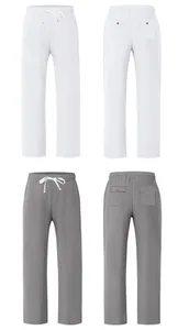 Detailed view showing front and back of white and grey men's loose linen trousers