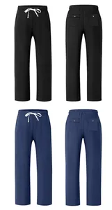 Front and back detail views of men's loose linen pants in black and navy blue