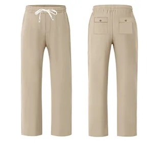 Front and back view of men's loose linen casual wide-leg trousers in beige color