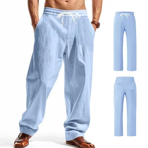 Pantalon en lin ample pour homme bleu clair style décontracté de plage pour été