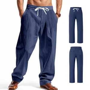 Pantaloni larghi in lino blu da uomo con vita elastica e comoda coulisse regolabile.