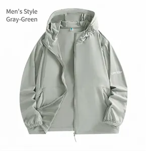 Men's lightweight ice silk sun protection jacket in grey-green with hood and UPF 100+ rating.