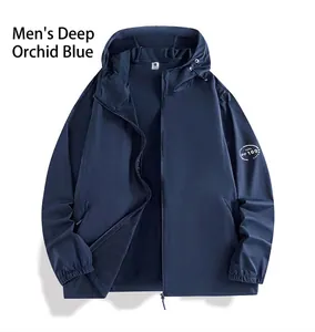 Detailed view of men's dark blue ice silk sun protection jacket with UPF 100+ logo