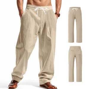 Pantaloni larghi in lino da uomo casual in variante kaki chiaro, stile traspirante