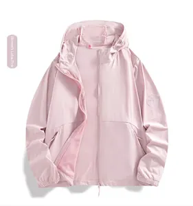 Detail view of women's lotus pink UV protection ice silk jacket with hooded design