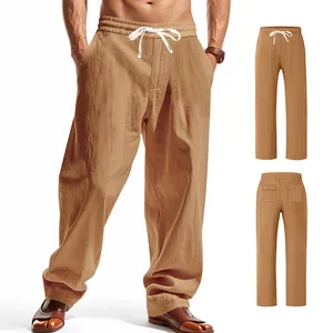 Pantalon décontracté en lin kaki pour homme, coupe ample et cordon de serrage réglable