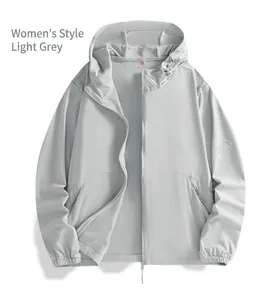 Close-up view of a light gray ice silk sun protection jacket with hood and UPF 50+ rating
