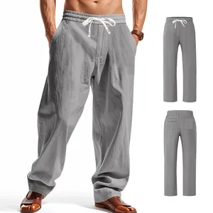 Pantalon décontracté ample en lin gris pour hommes avec cordon de serrage à la taille