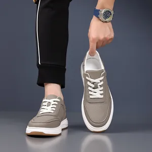Premium men's top grain leather casual shoes in taupe with contrast white soles