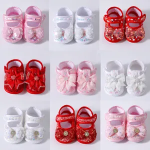 Infant Princess Shoes Mesh Fabric Sequin Bow Soft Sole Baby Girls Prewalker Shoes With Rhinestone Ornament Newborn Anti-Slip Toddler Shoes