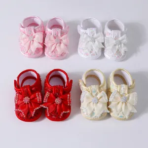 Soft sole infant baby girl princess shoes with decorative bows and sequins in four colors