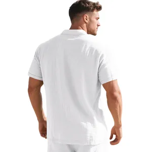 Detailed back view of a men's white breathable linen textured short sleeve polo shirt