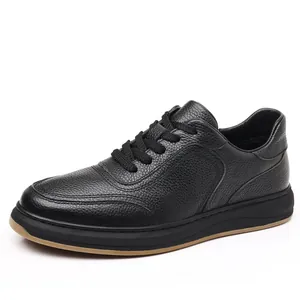 Premium black leather men's casual sneakers with breathable lychee grain texture