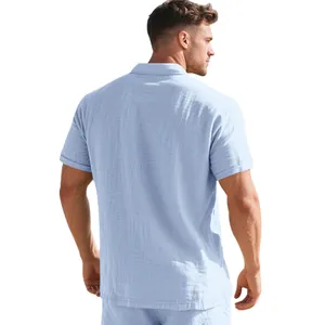 Back view detail of men's breathable light blue linen short sleeve casual shirt