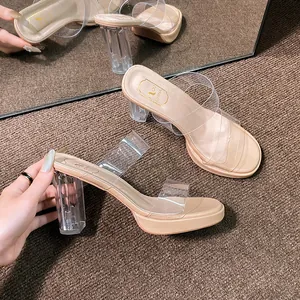 Eleganti sabot con cinturino trasparente, punta quadrata e tacco largo trasparente donna.