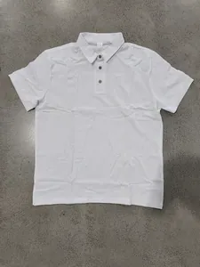 Front view detail of a white men's short sleeve linen polo shirt with three buttons.