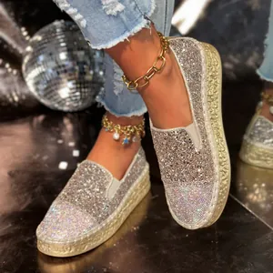 Mocassins à Plateforme en Strass et Paillettes pour Femmes Tissu à Paillettes Doublure en Similicuir Semelle Épaisse Chaussures Plates Brillantes