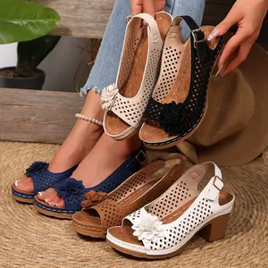 Detailed view of summer hollow floral sandals in various colors with thick heels