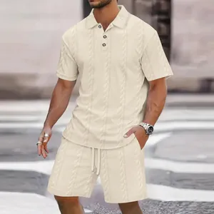 Men Jacquard Knit Polo Shirt And Shorts Set Casual Solid Color Short Sleeve Top And Bottom Summer Leisure Suit For Men